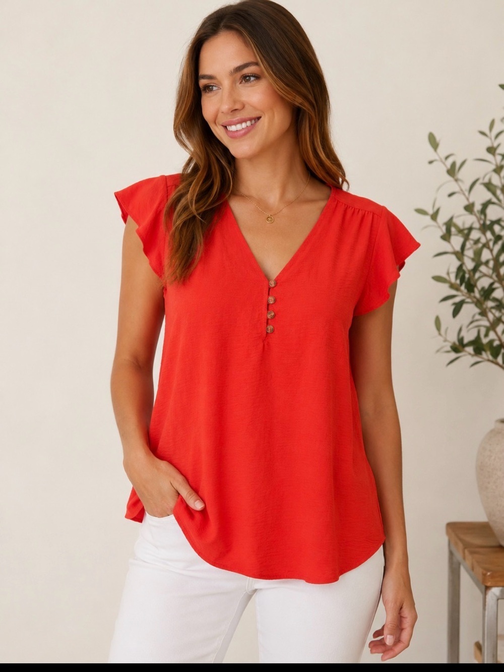 Good Days Only Red/Orange  V-Neck Button Flutter Sleeve Top